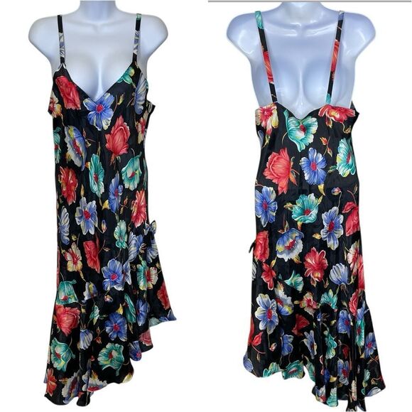 Vintage Victoria’s Secret Gold Label Floral Asymmetrical Slip Dress Black Large